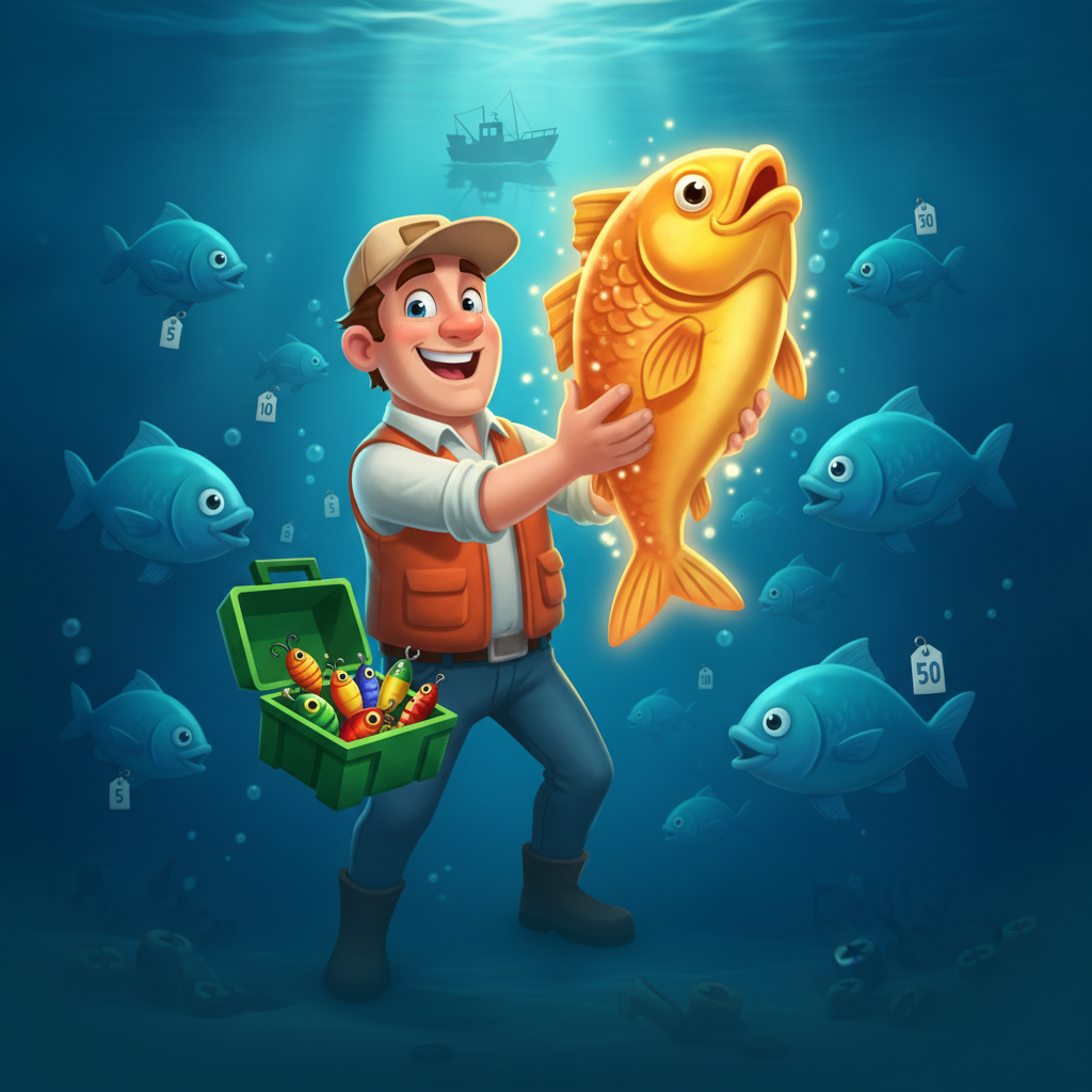 Fishin' Frenzy Even Bigger Catch Spielautomat - Fischer im Boot fängt goldene Fische unter Wasser mit Angelbox im comic-stil mit leuchtenden Farben und Unterwasser-Ozean Hintergrund
