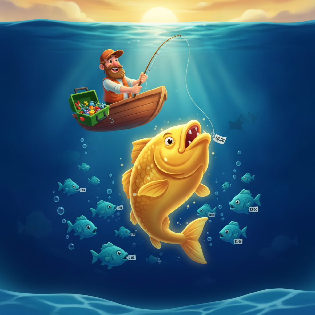 Fishin' Frenzy Even Bigger Catch Spielautomat - Fischer im Boot fängt goldene Fische im tiefen blauen Ozean mit Tackle-Box, cartoon Stil mit bunten Angelködern