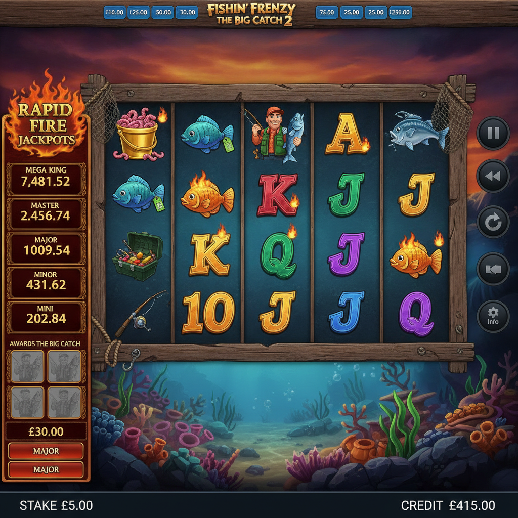 Fishin' Frenzy The Big Catch 2 Spielautomat – Fischer, Walzen mit Fisch-Symbolen, Sonnenuntergang über dem Ozean und Jackpot-Anzeigen von Blueprint Gaming