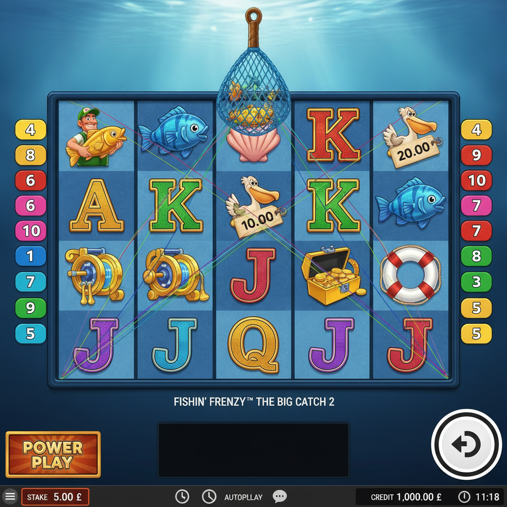 Fishin' Frenzy The Big Catch 2 slot machine underwater scene with fisherman collecting fish values on 5x3 reels, featuring blue ocean background and golden prize symbols