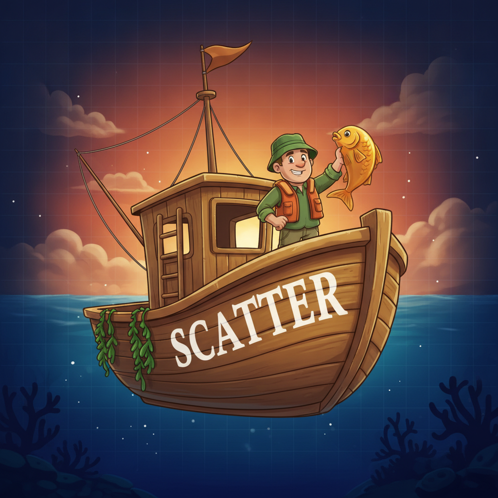 Fishin' Frenzy The Big Catch 3 Rapid Fire - simbolo scatter della barca da pesca con pescatore che tiene un pesce dorato su sfondo tramonto oceanico, slot Blueprint Gaming con jackpot progressivi