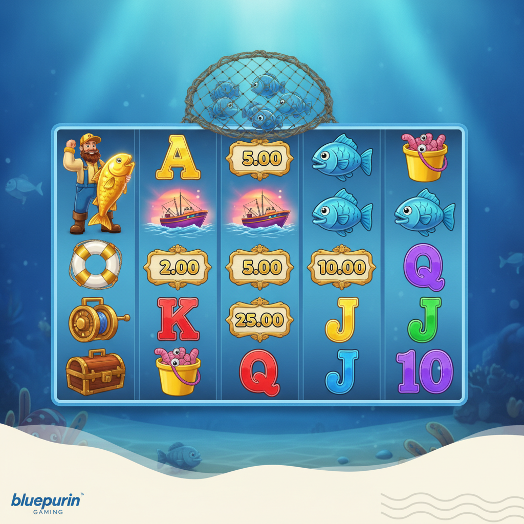 Fishin' Frenzy The Big Catch 3 Spielautomat mit Unterwasser-Walzen, Fischer mit goldenem Fisch, Wert-Tags auf Fisch-Symbolen und Boot-Scatter in der Abenddämmerung