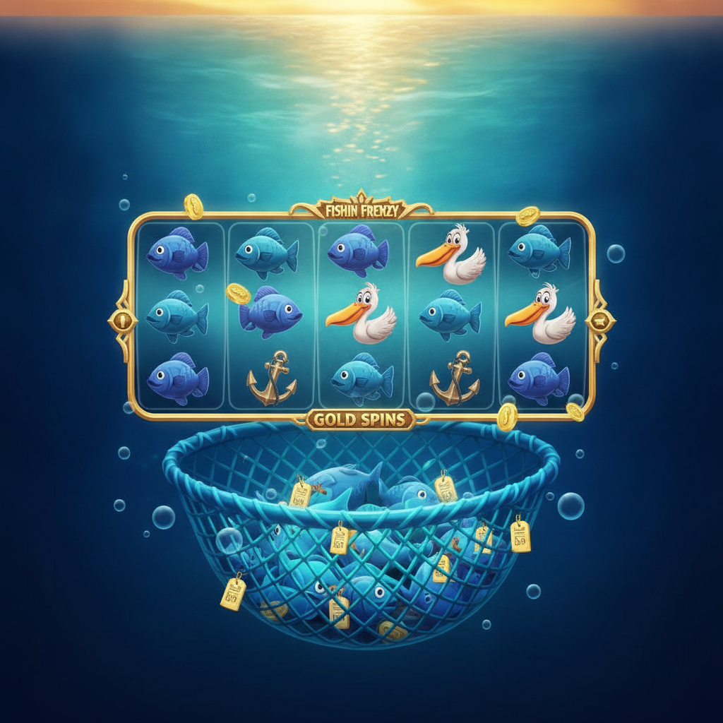 Fishin' Frenzy The Big Catch Gold Spins slot game featuring underwater ocean scene with sunset gradient, fishing net filled with blue fish, pelican mascot, and 5x3 reel grid with cash prize symbols and gold accents