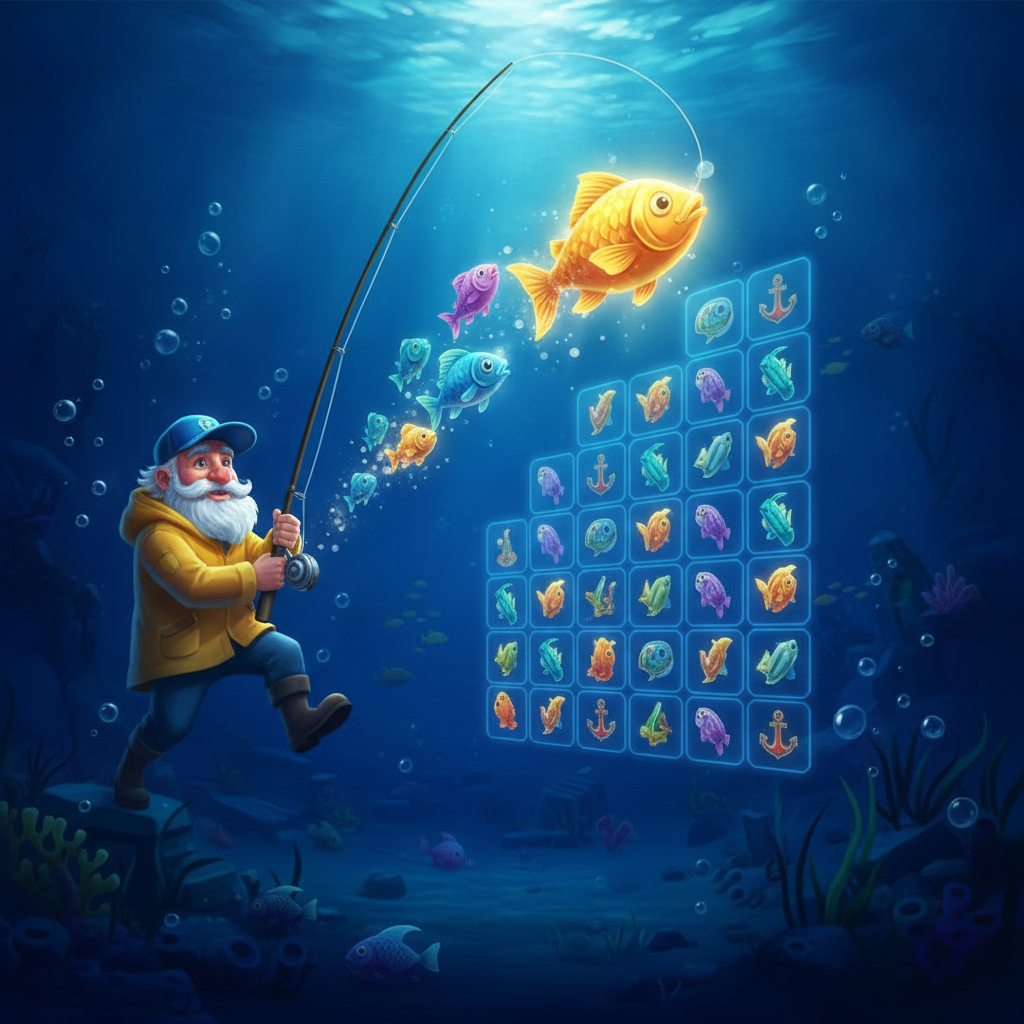 Fishin' Frenzy The Big Catch Megaways Spielautomat mit Unterwasser-Ozean-Szene, Angler-Symbol mit goldenem Fisch, blaue Walzen mit Megaways-Mechanik und Fisch-Symbolen