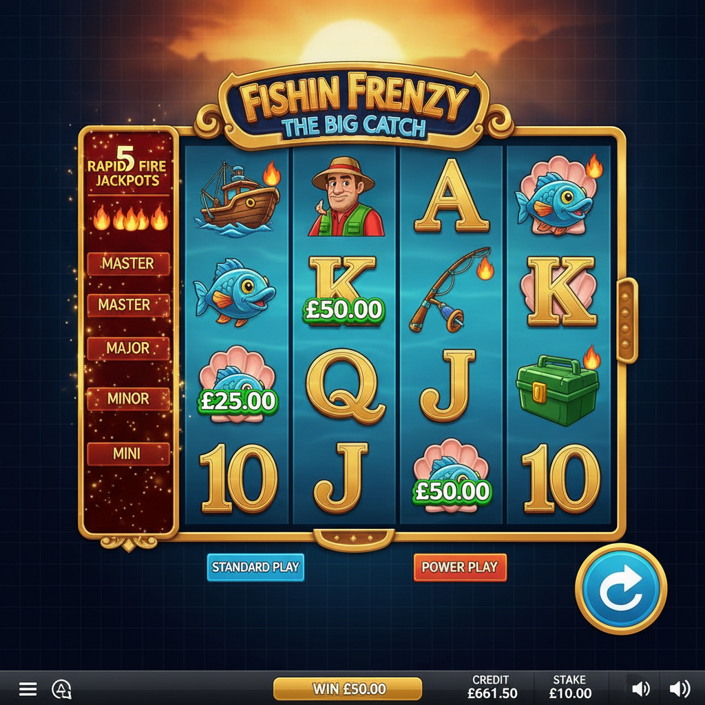 Fishin' Frenzy The Big Catch Rapid Fire slot machine con pescatore, pesci blu dalle pinne arancioni, giri gratuiti e jackpot progressivi su sfondo sottomarino