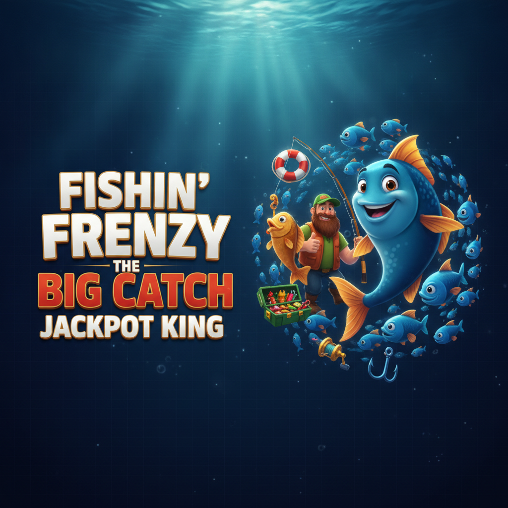 Fishin' Frenzy The Big Catch Jackpot King Slot – Unterwasser-Angelszene mit bunten Cartoon-Fischen, Fisherman Wild-Symbol, Pelikan, Tackle-Box und 5x3 Walzen vor azurblauem Ozean-Hintergrund