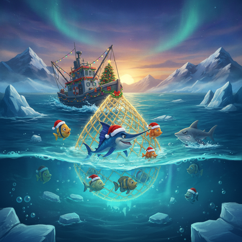 Fishin' Frenzy The Big Christmas Catch - peschereccio nelle acque artiche ghiacciate, rete dorata piena di pesci con cappelli di Babbo Natale, paesaggio invernale con decorazioni natalizie e monete d'oro che brillano