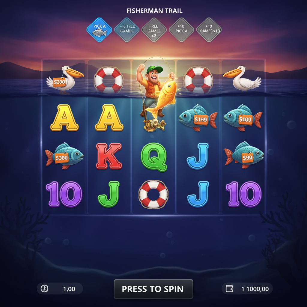 Fishin' Frenzy The Big Splash slot machine - pescatore che cattura pesci dorati con valori in denaro sui rulli subacquei al tramonto con moltiplicatori e giri gratuiti