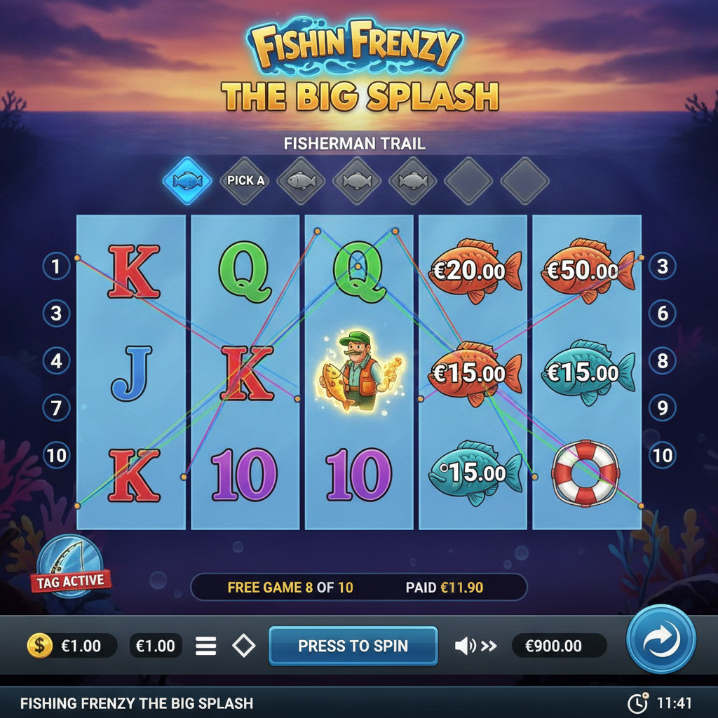 Fishin Frenzy The Big Splash φρουτάκι με υποβρύχια θεματολογία, ψαράς που μαζεύει χρυσά ψάρια με αξίες σε νερά ηλιοβασιλέματος, καρούλια 5x3 και κοραλλιογενείς σχηματισμούς