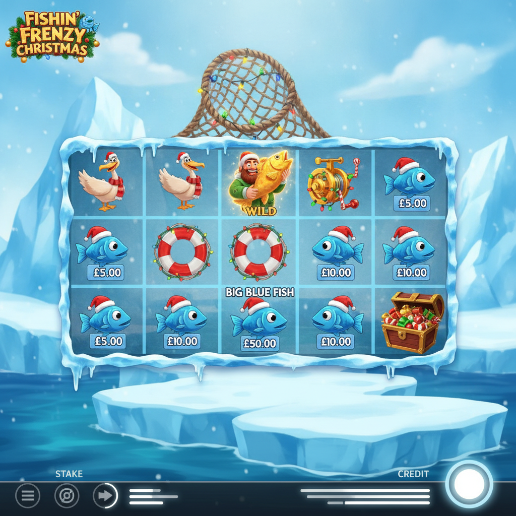 Fishin' Frenzy Christmas slot con pescatore artico, pesci con cappello di Babbo Natale, rulli ghiacciati e simboli natalizi su sfondo innevato