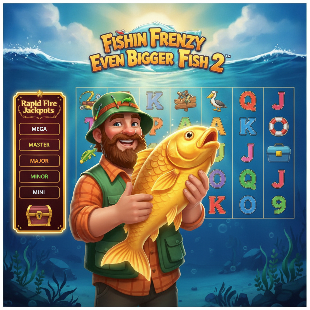 Fishin' Frenzy Even Bigger Fish 2 Slot – Fröhlicher Fischer mit goldenem Fisch vor Ozean-Hintergrund, 6x4 Walzen mit Bonus-Symbolen und Rapid Fire Jackpots Panel