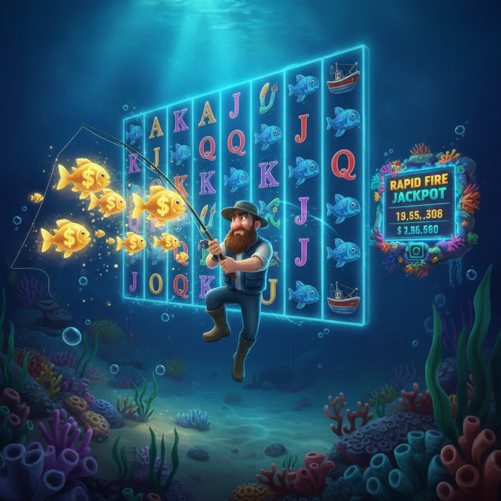 Fishin' Frenzy Even Bigger Fish 3 Megaways tragaperras online con pescador, peces dorados, rodillos Megaways y panel de 5 jackpots progresivos Rapid Fire en pantalla submarina