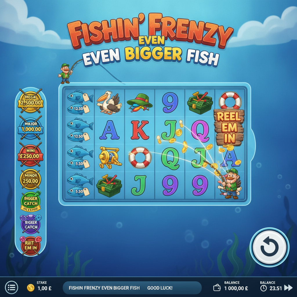 Fishin' Frenzy Even Bigger Fish slot game showing Frankie the fisherman character, blue cash fish symbols with prize values, 6x4 reel grid, and underwater ocean theme with jackpot badges