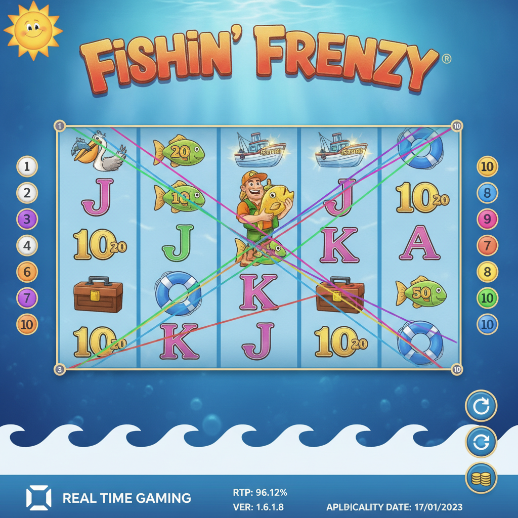 Fishin' Frenzy slot máquina con rodillos submarinos, símbolos de pescador, bote scatter, pelícano y peces con valores en efectivo en escena oceánica brillante