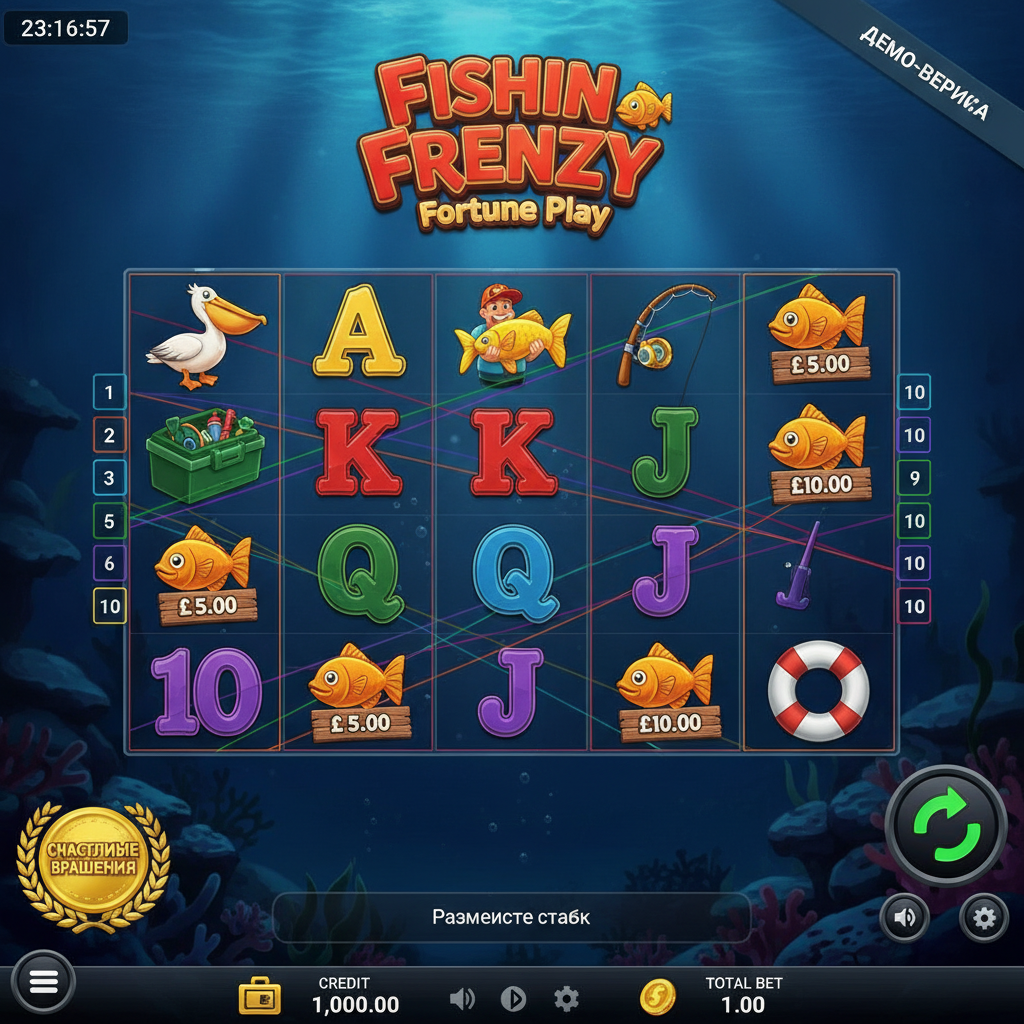 Fishin' Frenzy Fortune Play slot game showing underwater ocean scene with fisherman holding golden fish, multiple reel windows with fishing symbols, blue water background and fish prize values