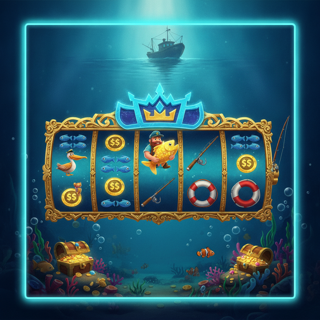 Fishin' Frenzy Jackpot King Spielautomat mit Unterwasserthema, Fischerboot, Pelikan und leuchtenden Walzen mit Fisch-Symbolen und Jackpot-Goldmünzen