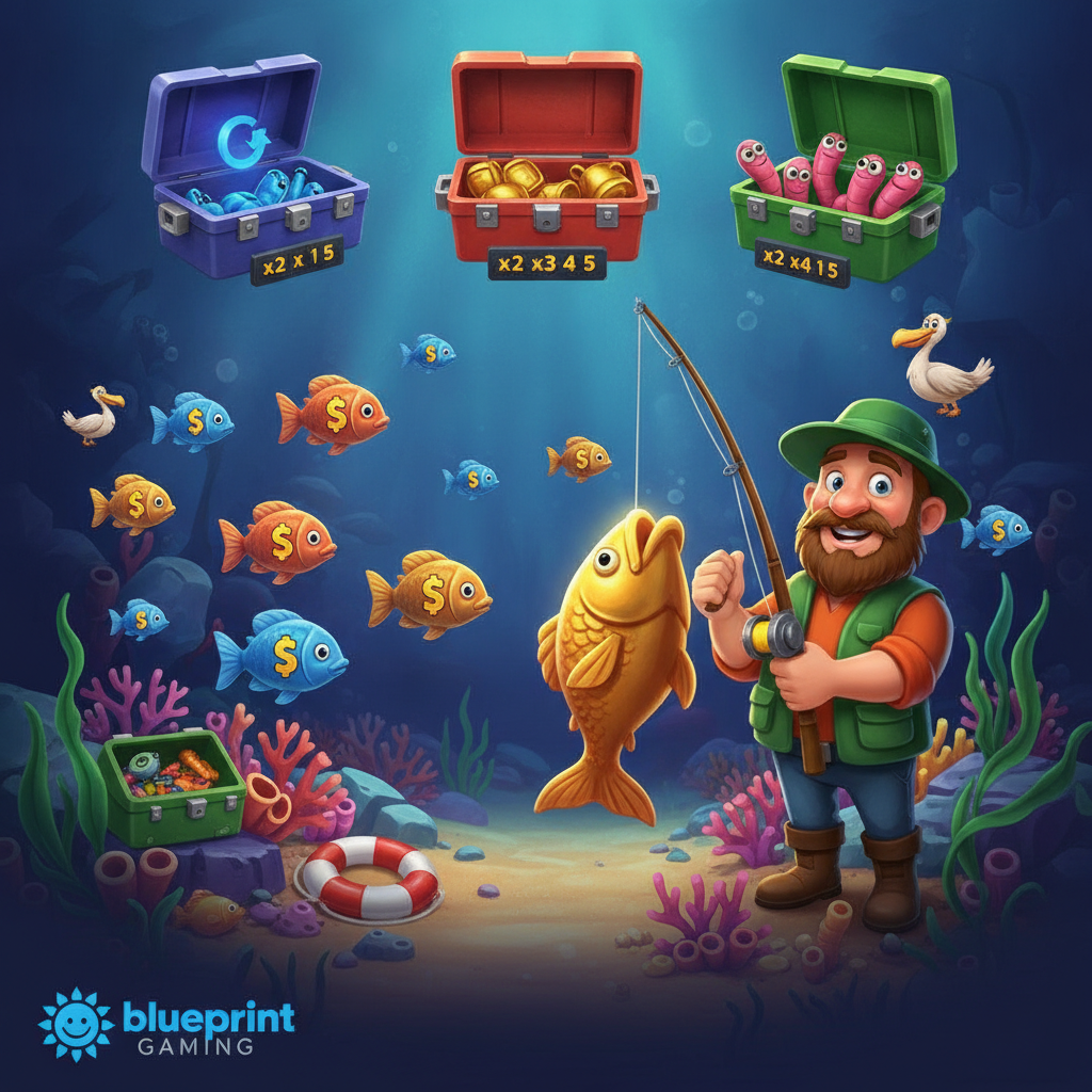 Fishin' Frenzy Lure 'Em In slot machine - scena sottomarina con pescatore, tre scatole da pesca colorate, simboli pesce con premi in denaro e moltiplicatori, ambientazione oceano profondo blu con alghe
