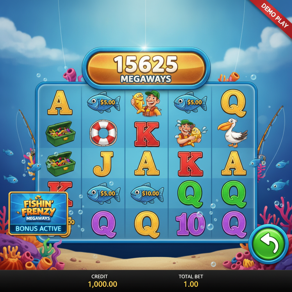 Fishin' Frenzy Megaways slot machine con pescatore cartoon, pesci blu con simboli del dollaro, rulli dorati e ambientazione sottomarina con coralli e meduse