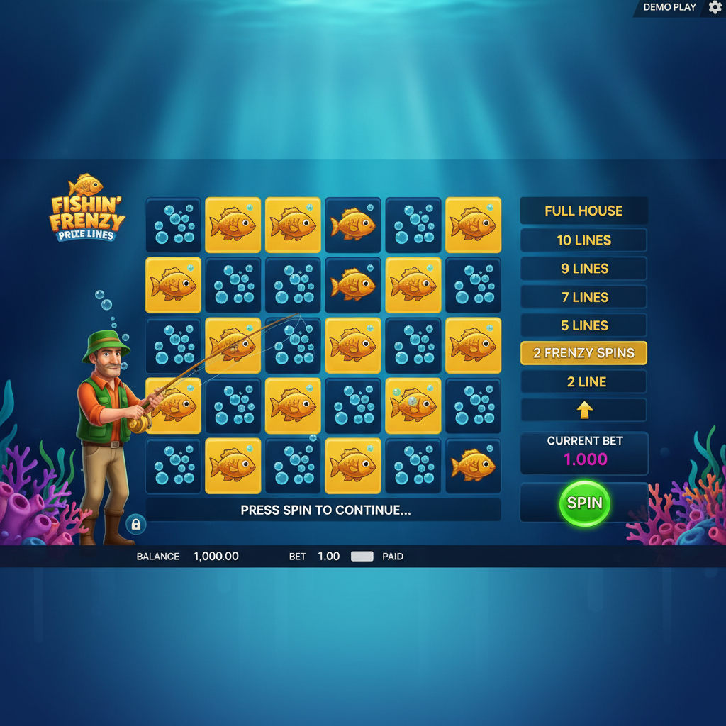 Fishin' Frenzy Prize Lines slot con griglia 5x5 sottomarina, pesci dorati come simboli vincenti, bolle blu e scala premi laterale Blueprint Gaming