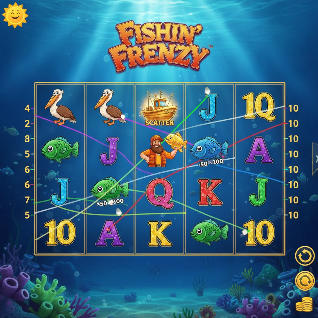 Fishin' Frenzy slot machine con scena subacquea, barca da pesca scatter, simbolo pellicano, pescatore wild e pesci con valori monetari sui 5 rulli