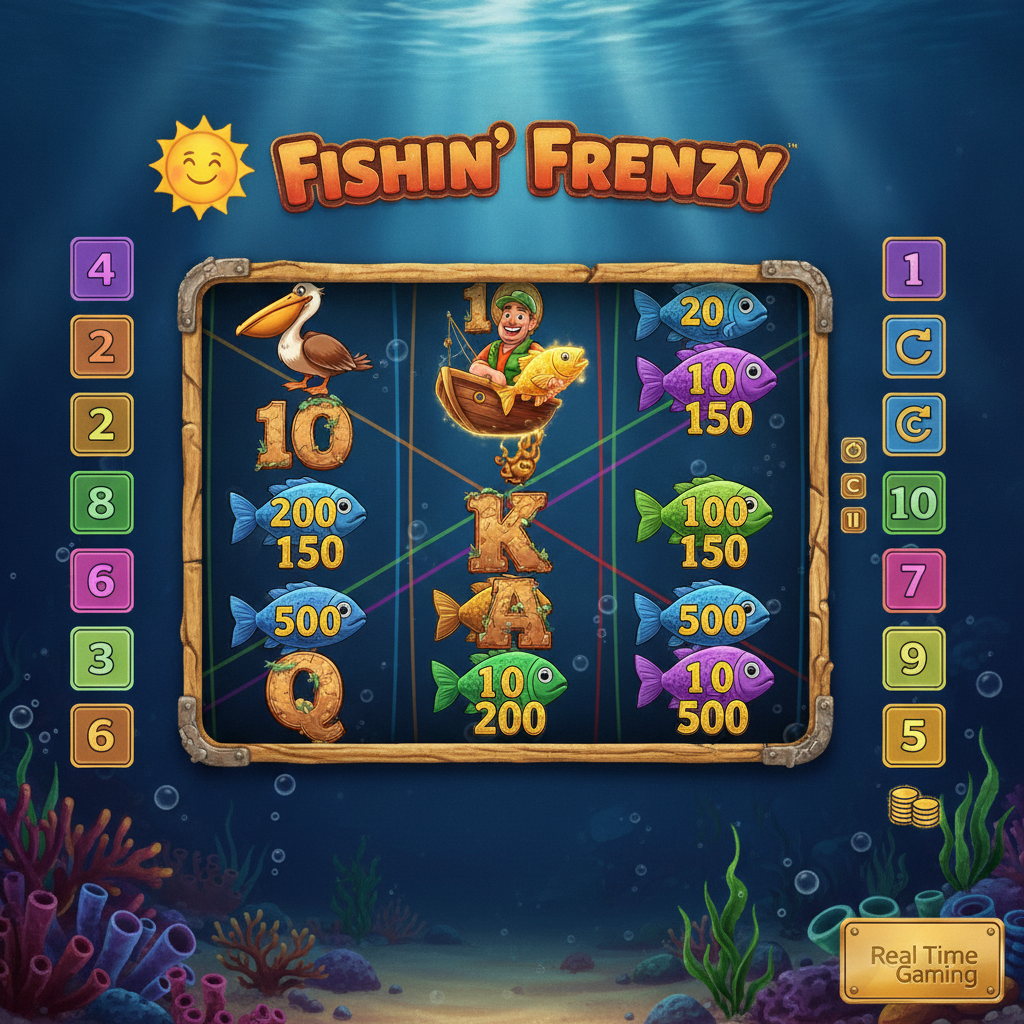 Fishin' Frenzy machine à sous avec symboles de bateau scatter, pêcheur wild, pélican et poissons sur fond sous-marin bleu océan