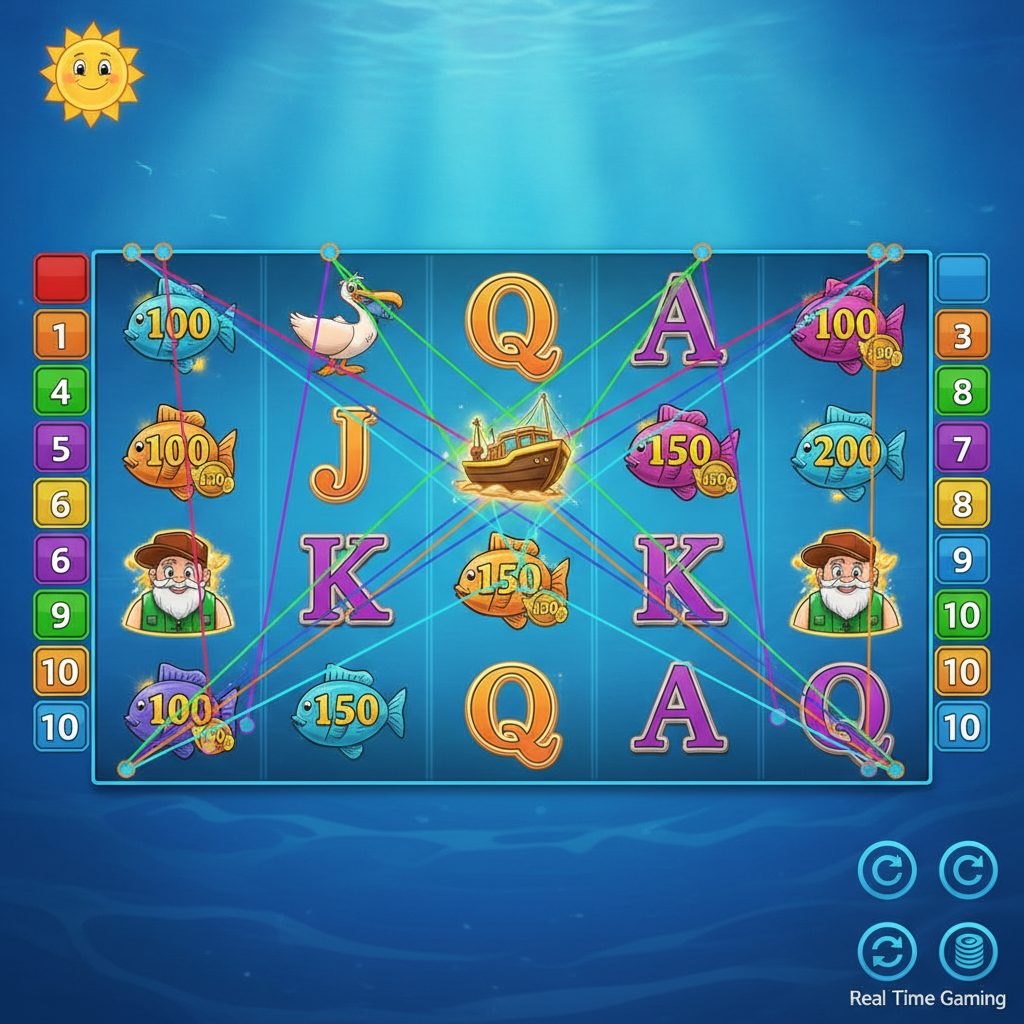 Fishin' Frenzy slot machine con 5 rulli subacquei, simboli pellicano, barca scatter, pescatore wild e pesci premio in un ambiente oceanico luminoso
