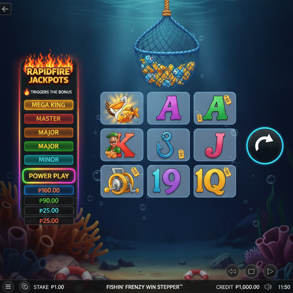 Fishin' Frenzy Win Stepper Slot Hauptansicht mit 3x3 Walzen, Pelikan Wild Symbol, Fischer Symbol, blauem Fischnetz oben und Rapid Fire Jackpots Panel links im Unterwasser-Setting